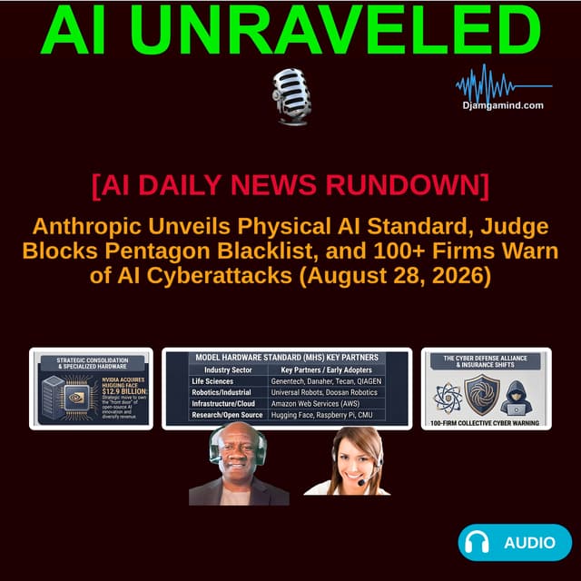[AI DAILY NEWS RUNDOWN] Anthropic Unveils Physical AI Standard, Judge Blocks Pentagon Blacklist, and 100+ Firms Warn of AI Cyberattacks (August 28, 2026)