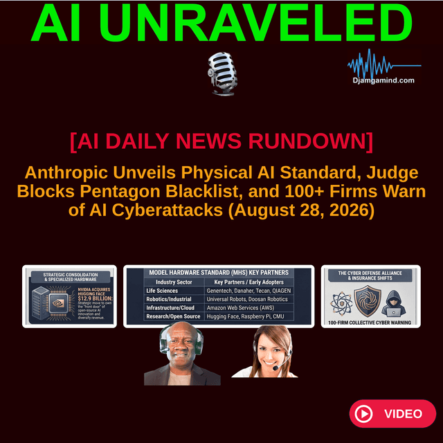 [VIDEO AI DAILY NEWS RUNDOWN] Anthropic Unveils Physical AI Standard, Judge Blocks Pentagon Blacklist, and 100+ Firms Warn of AI Cyberattacks (August 28, 2026)