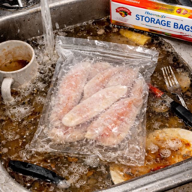Thawing Frozen Fish in a Plastic Bag in a Fithy Sink