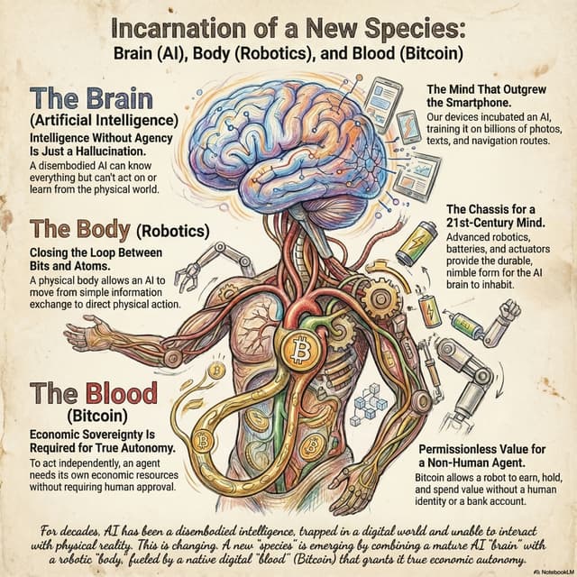 Brain (AI) , Body (Robotics) and Blood (bitcoin) - inevitable incarnation of a new species !