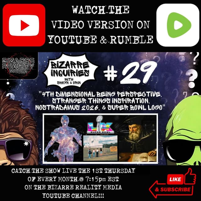 Bizarre Inquiries #29 "4th Dimensional Being Perspective, Stranger Things Inspiration, Nostradamus 2026, & Super Bowl Logo"
