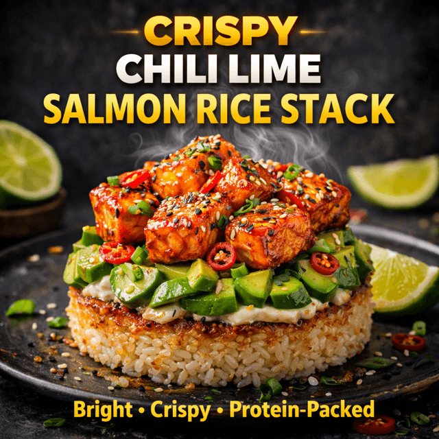 Crispy Chili Lime Salmon Rice Stack