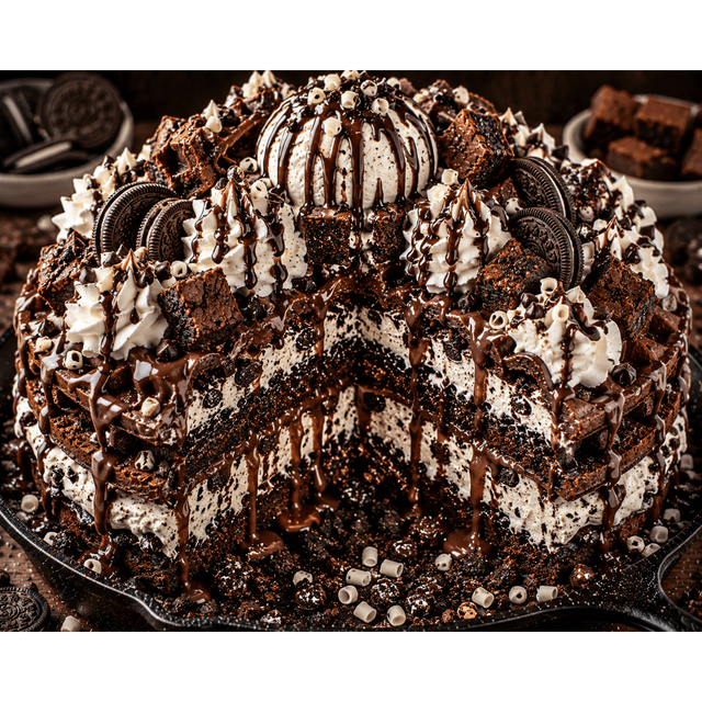 FLAVORVILLE™ COOKIES & CREAM CHEESECAKE HOT FUDGE BROWNIE WAFFLE TOWER