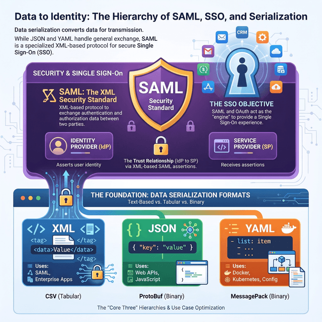 XML, JSON, YAML, CSV, SAML