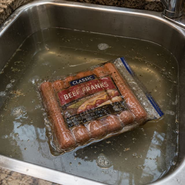 Cooked Frozen Hot Dogs in the Package Left in Sink Basin Over Night With Water